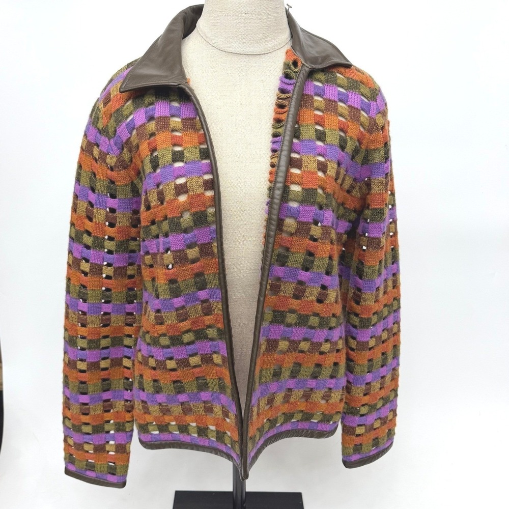 Sigrid Olsen Women Medium Wool Open Knit Cardigan Leather Trim Multicolor Jacket